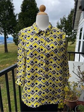 KATE SPADE Size 10 3/4 Sleeve SILK Yellow & Gray FELICITY Print Blouse